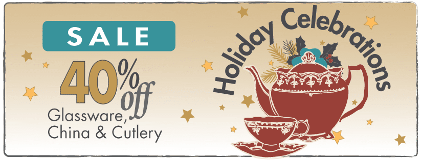 Holiday Celebrations Sale banner with teapot and cup